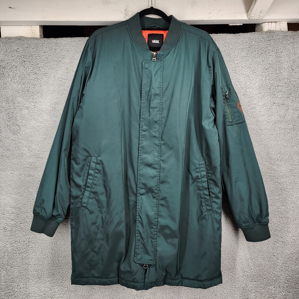 Vans Mens Longline Bomber Jacket Forest Green Orange Lining Large Streetwear